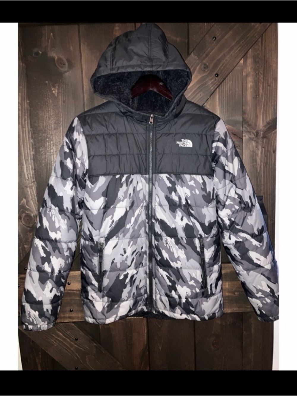 The North Face Kids Gray Black Camo Puffer Jacket with Hood